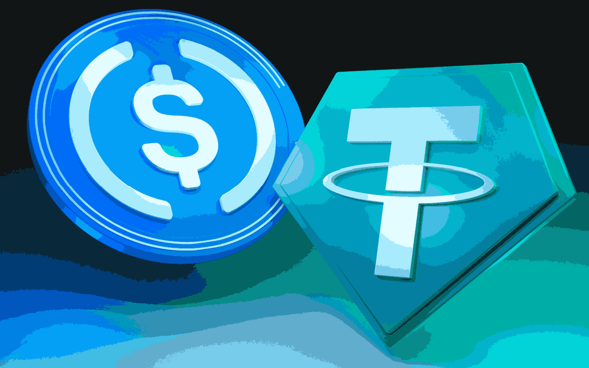 USDC and Base logos overlaid on dynamic digital stablecoin transaction charts, representing high liquidity and rapid transaction velocity in the crypto ecosystem.